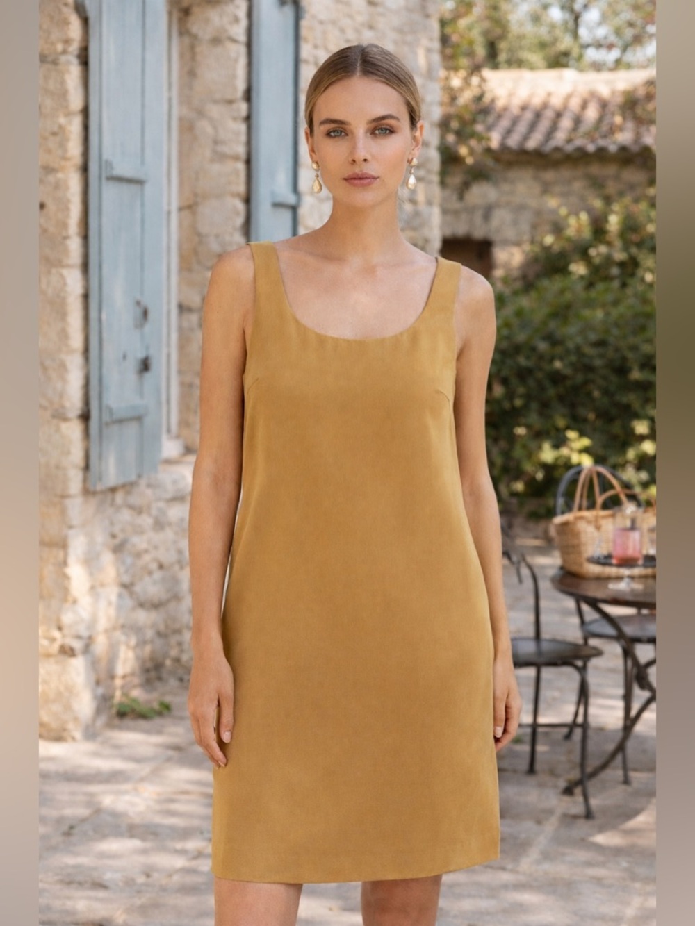 Vintage Emanuel Ungaro Paris Mustard Sleeveless Sheath Dress 14/48 Minimalist V